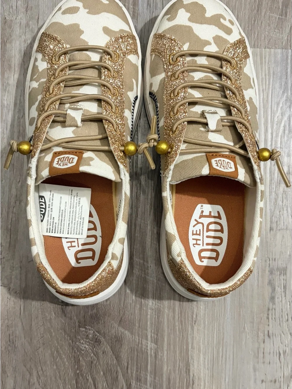 Hey Dude Tan & White Camo Sneakers with Gold Glitter Accents